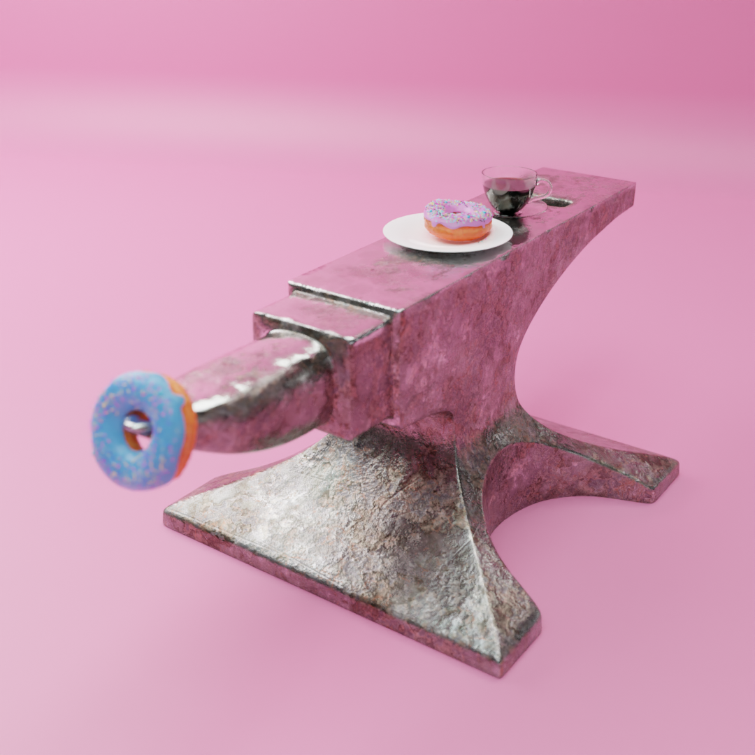 An anvil with two donuts and a cup of tasty coffee on a pinkish background.