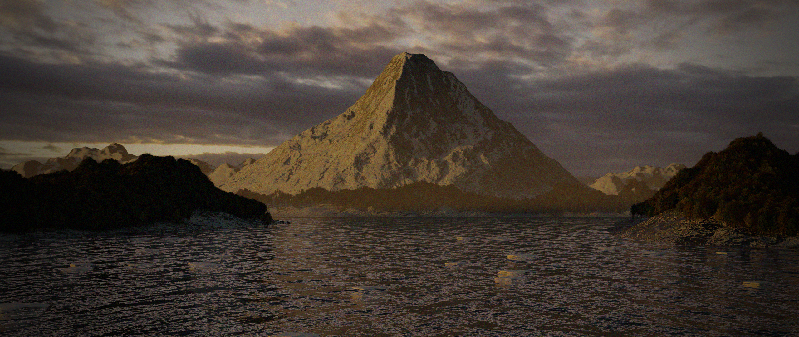 Mountain with ocean render, modeled, composited, and textured in blender