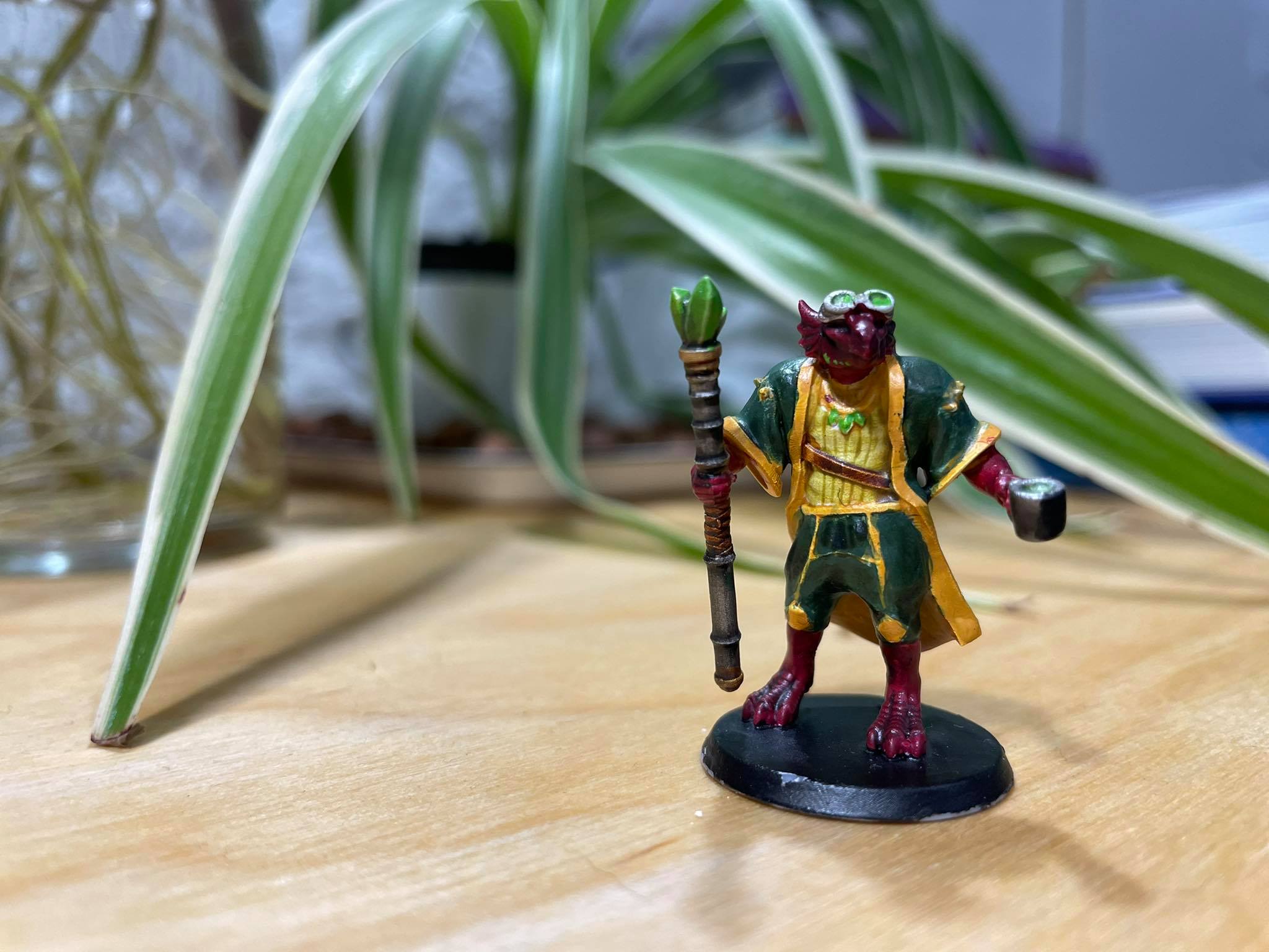Painted D&D mini in front of a plant