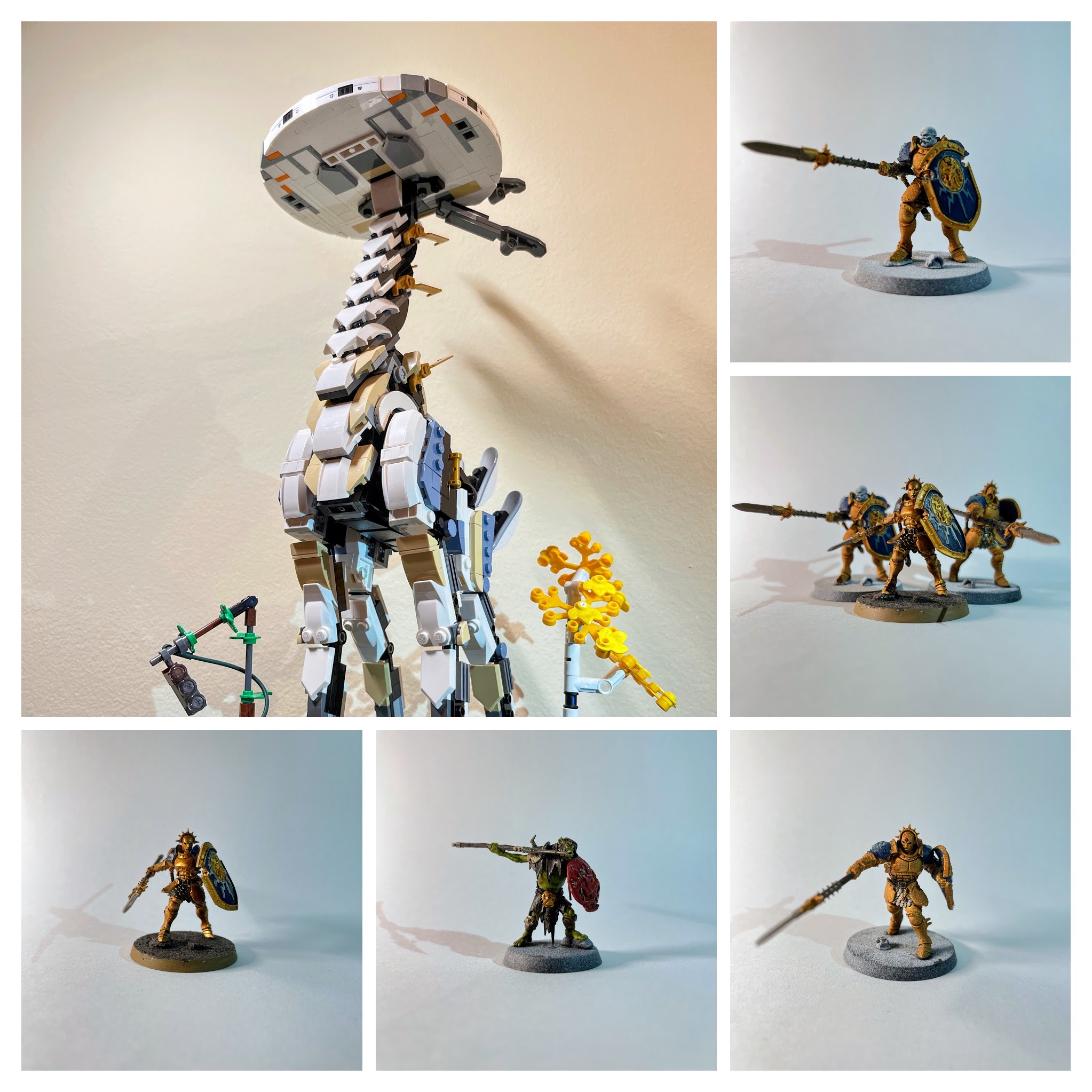 A collage of a LEGO Tallneck set and several painted Warhammer miniatures.