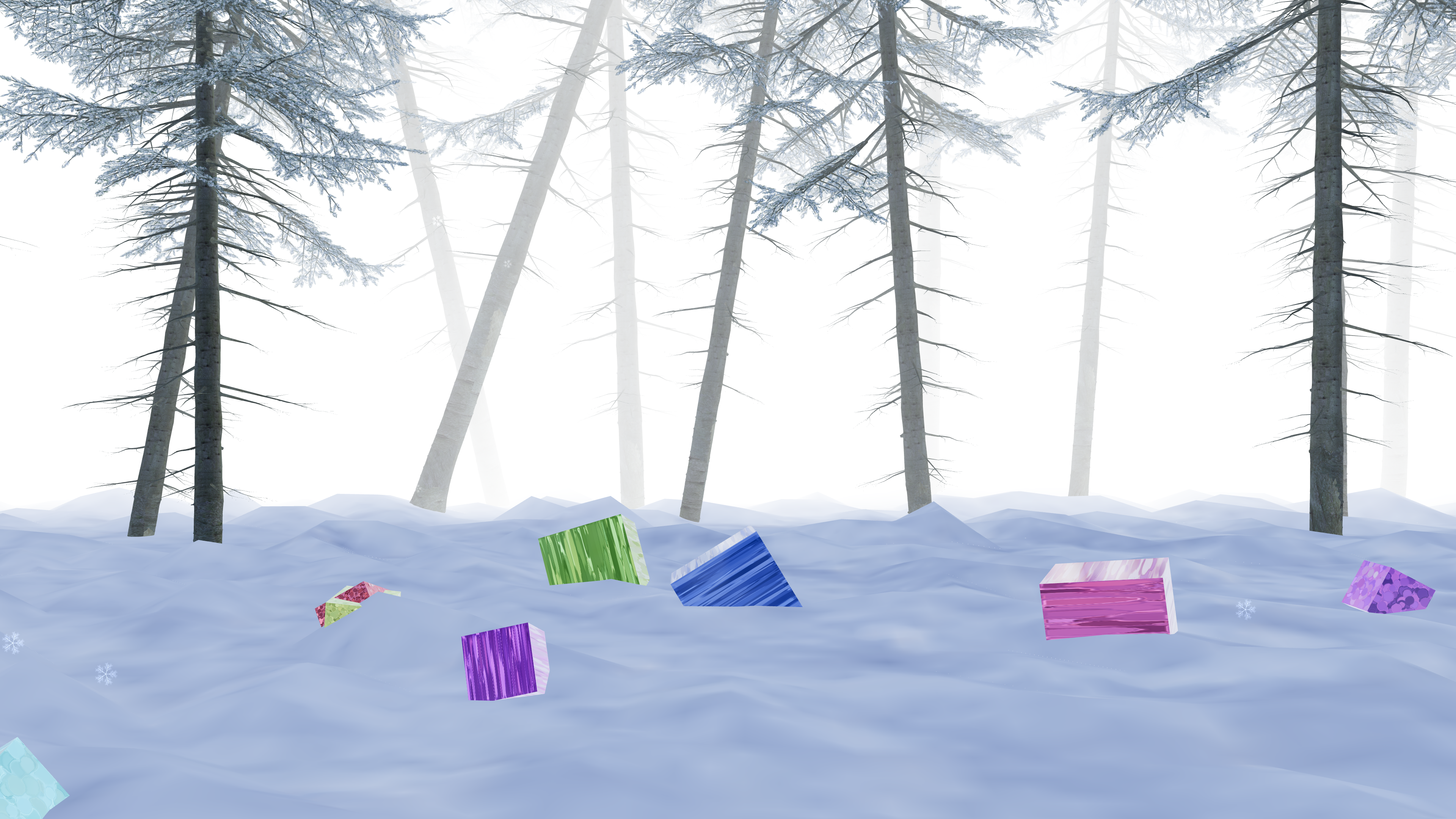 Digital art - snowy landscape with fog, pine trees, snow, and wrapped gifts